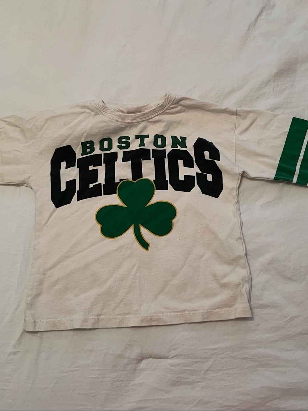 Zara White Kids Long Sleeve Tee with Green & Black Celtics Graphic
